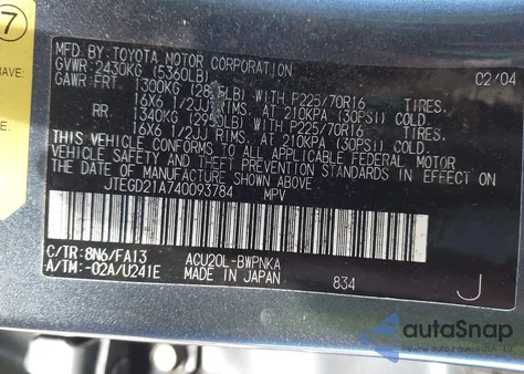 2004 Toyota Highlander из США, поврежденный, VIN JTEGD21A740093784